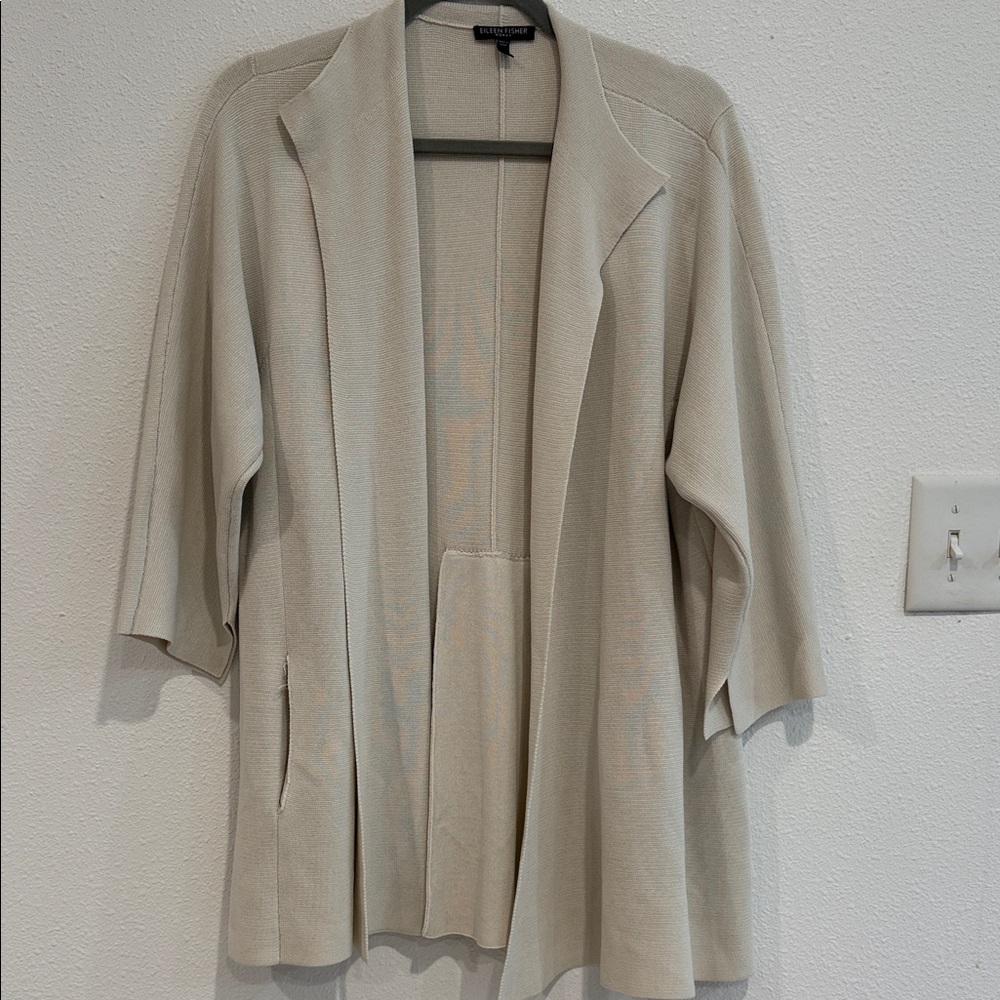 EILEEN FISHER Light Cream Open-Front Silk Blend Knit Jacket